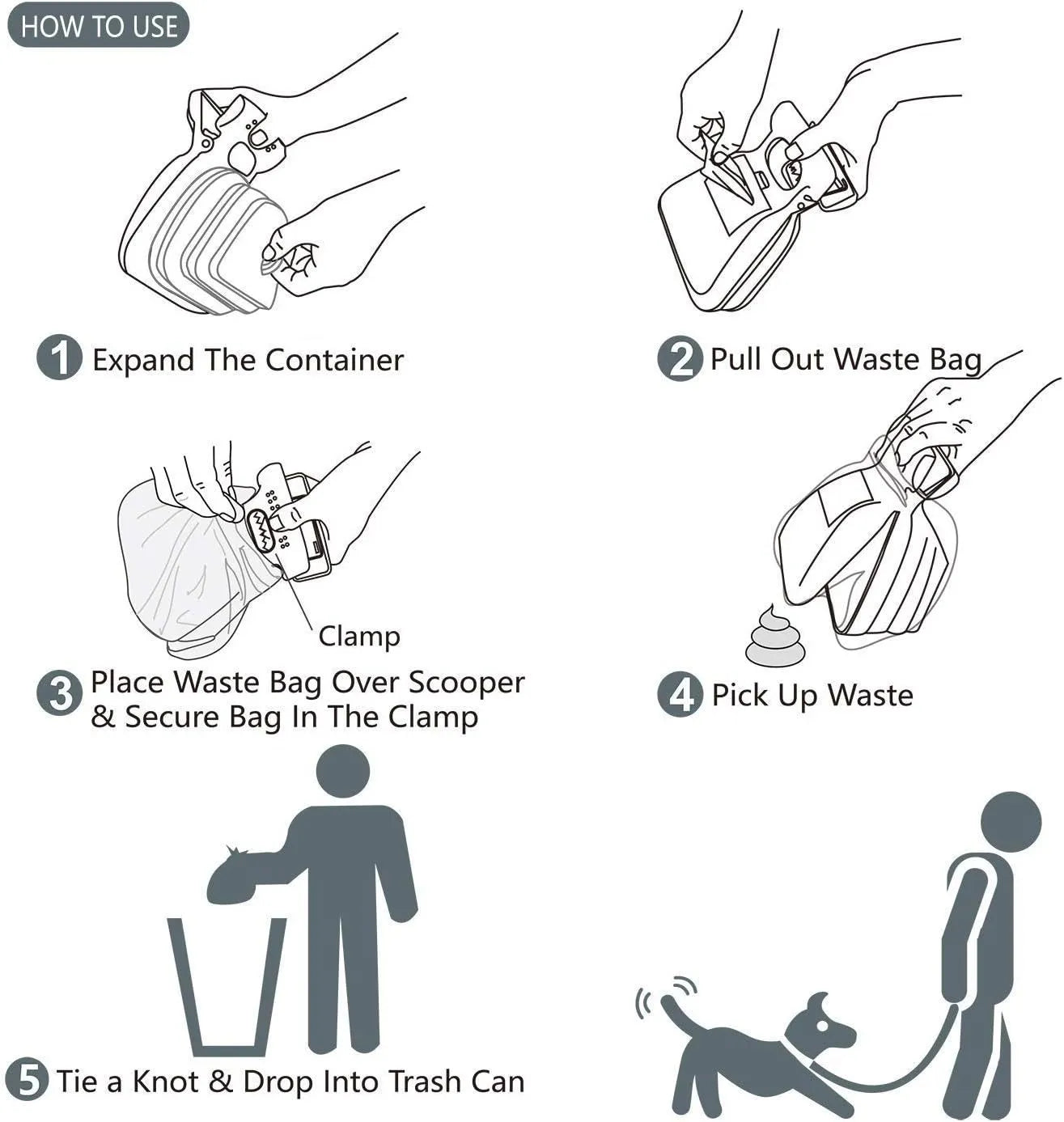 Blue portable dog pooper scooper with carabiner clip, expanded waste container, and bag dispenser.
