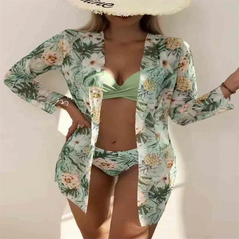 European and American three-piece swimsuit set with black flower print blouse and pants