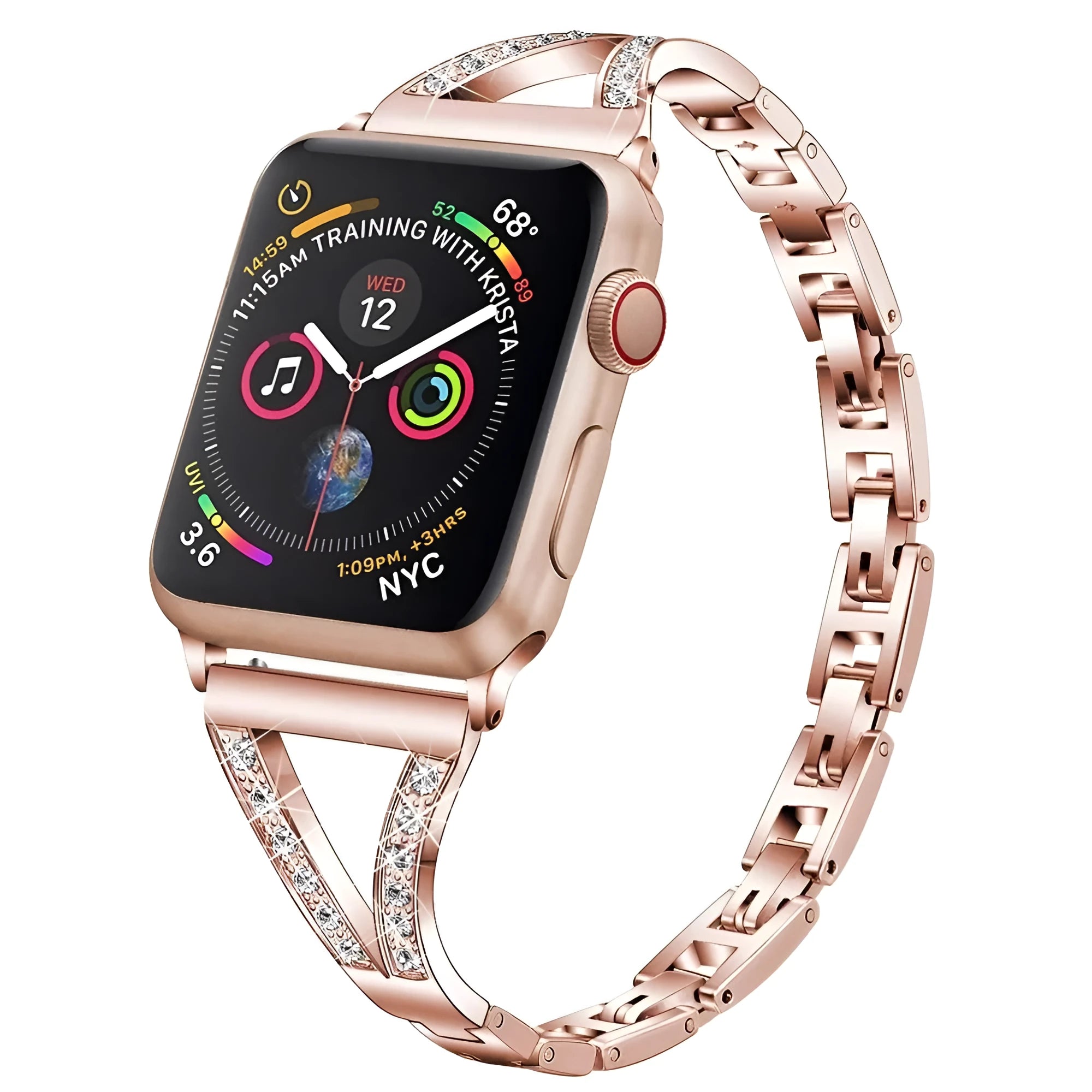 Stainless steel smartwatch strap with diamond detailing in multiple colour options