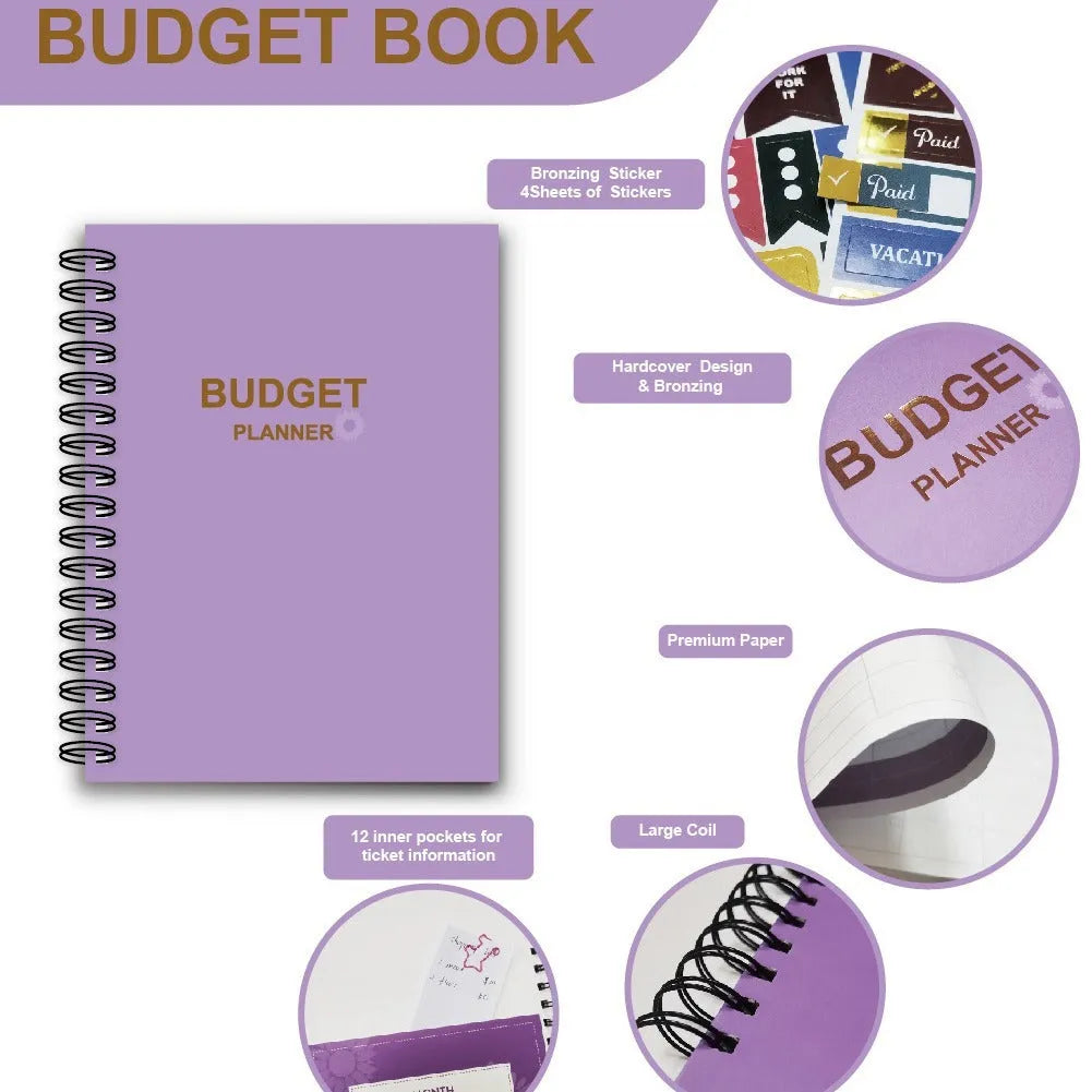 Purple coil-bound budget book with stickers and paper clips for monthly financial planning
