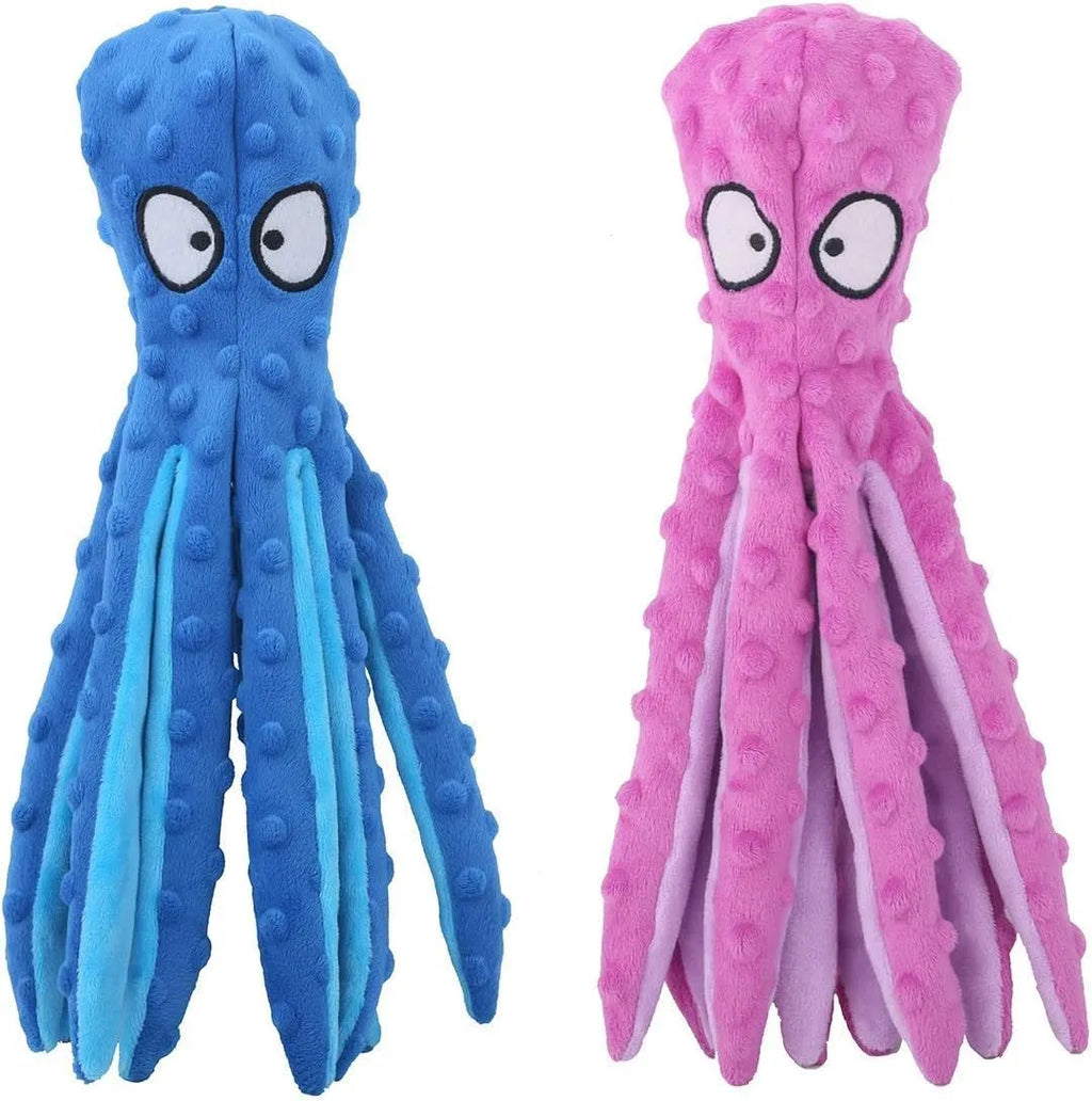 Blue octopus-shaped plush dog toy with crinkle paper and squeaker, no stuffing, for small medium large dogs.