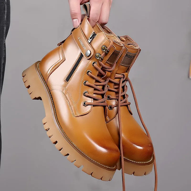 Men's light brown Martin boots with thick rubber soles and side zipper closure