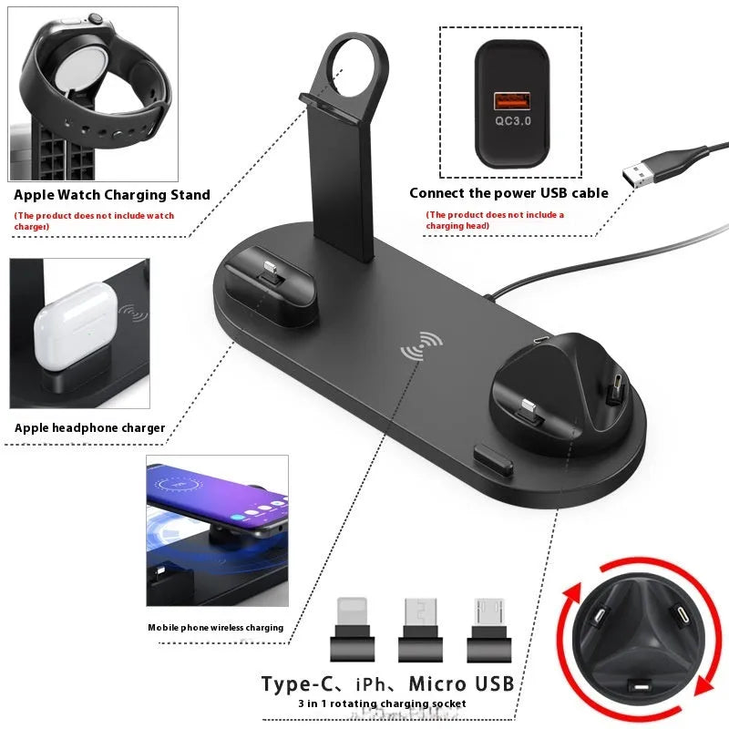 Black dual charging stand with wireless phone charger and wired base for headphones.