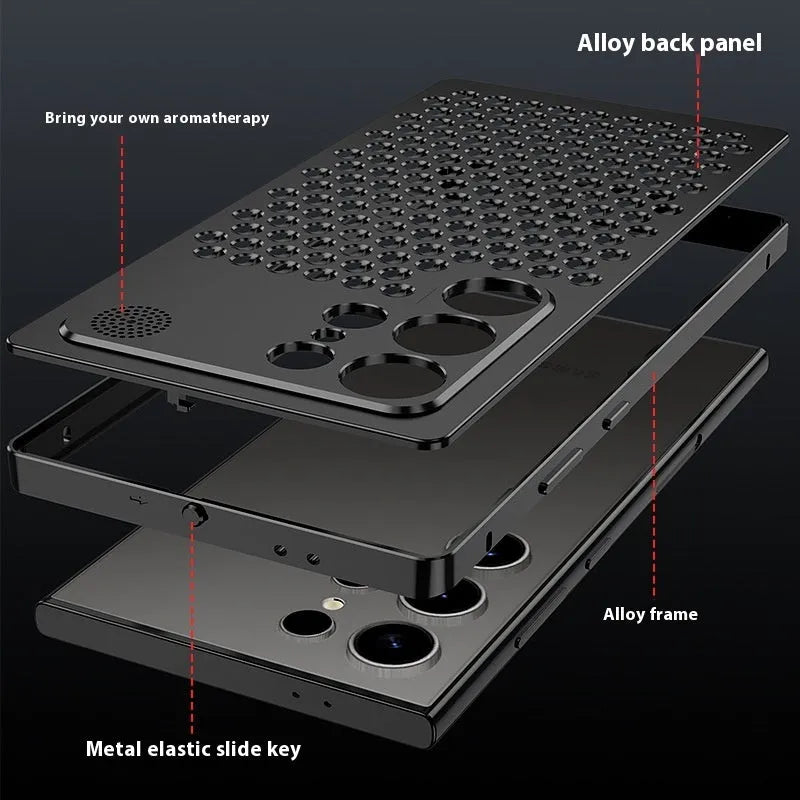 Samsung S25 Ultra aluminium alloy aromatherapy phone case with spring fastener shell in titanium black colour on a surface
