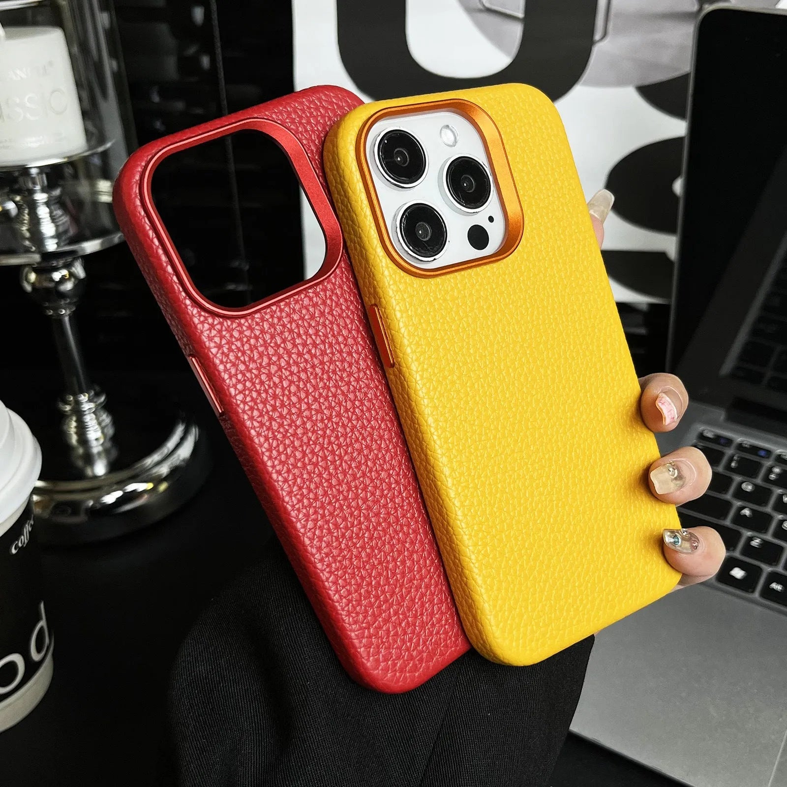 Leather magnetic phone case with lychee pattern, drop-resistant, available for iPhone 12-15 Pro Max in dark green