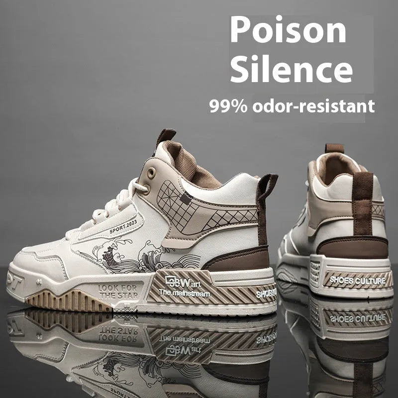 Men's beige board shoes with mesh lining and lace-up front closure on flat rubber sole