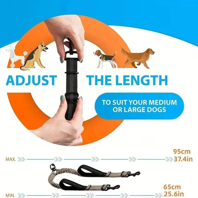 Hand-holding nylon dog rope for two large dogs, stretching double head and waist belt, available in multiple colours