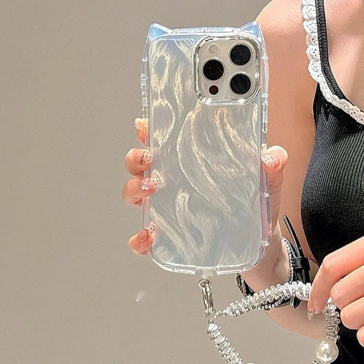 Cat ear feather yarn silicone phone case with shell chain for iPhone, showing front and back views