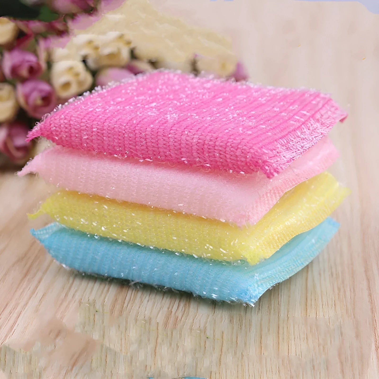Pinstripe fabric dishwashing sponge mop in macaron mixed colours showing fine stripe scrubbing surface