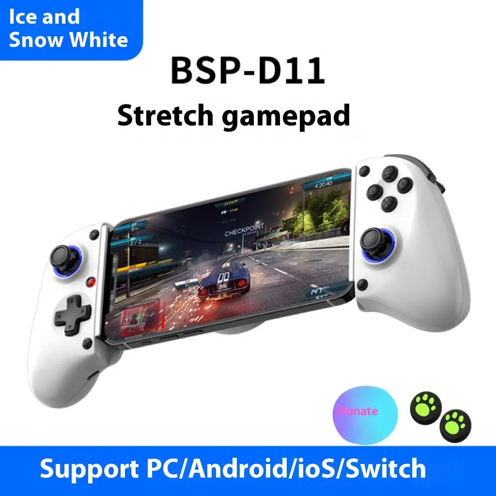 Wireless Bluetooth gaming controller with stretch handle for phones 143-260mm, Hall trigger, Type-C, Black or White