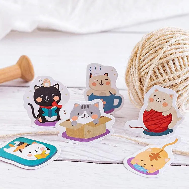 Boxed cartoon cat sticker set with 45 pieces, Cat set colour option, box size 44 x 44 x 11 mm.