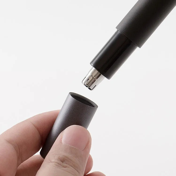 Black electric nose hair trimmer with ABS body, portable and battery-powered