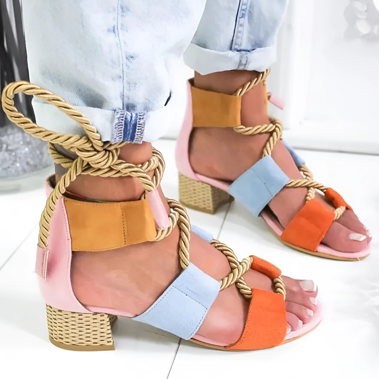 Women's colour matching sandals with thick heel, fish mouth toe, and ankle strap in suede material