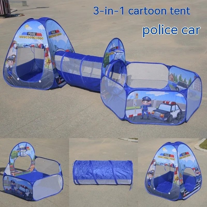 Children's three-in-one cloth play tent set with ball pool and tunnel in a cartoon marine or vehicle theme.