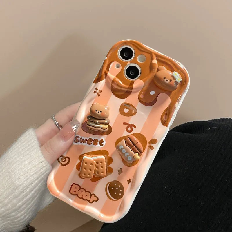 White silicone phone case with chocolate bear doll lanyard for iPhone 15 Pro
