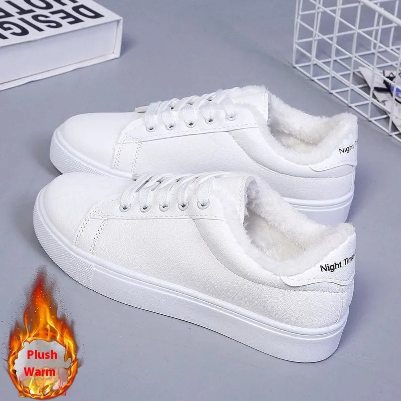 Flat low-top sneakers with PU upper, cloth lining, rubber sole, round toe, in white, black, or blue.