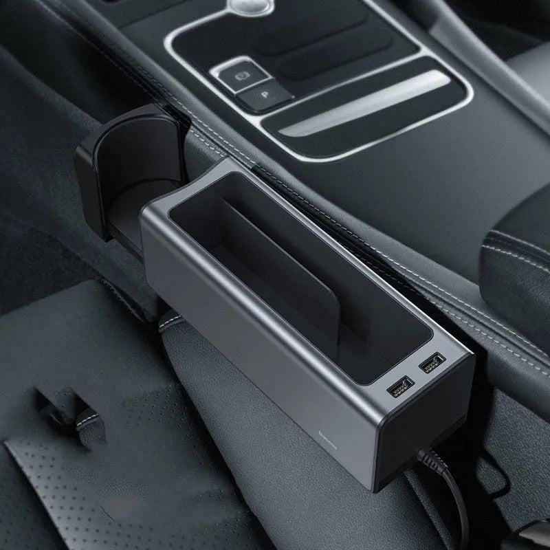 Baseus Zhizhen Metal Armrest Box Storage Box in black and silver with 5V/2A input for car seat armrest