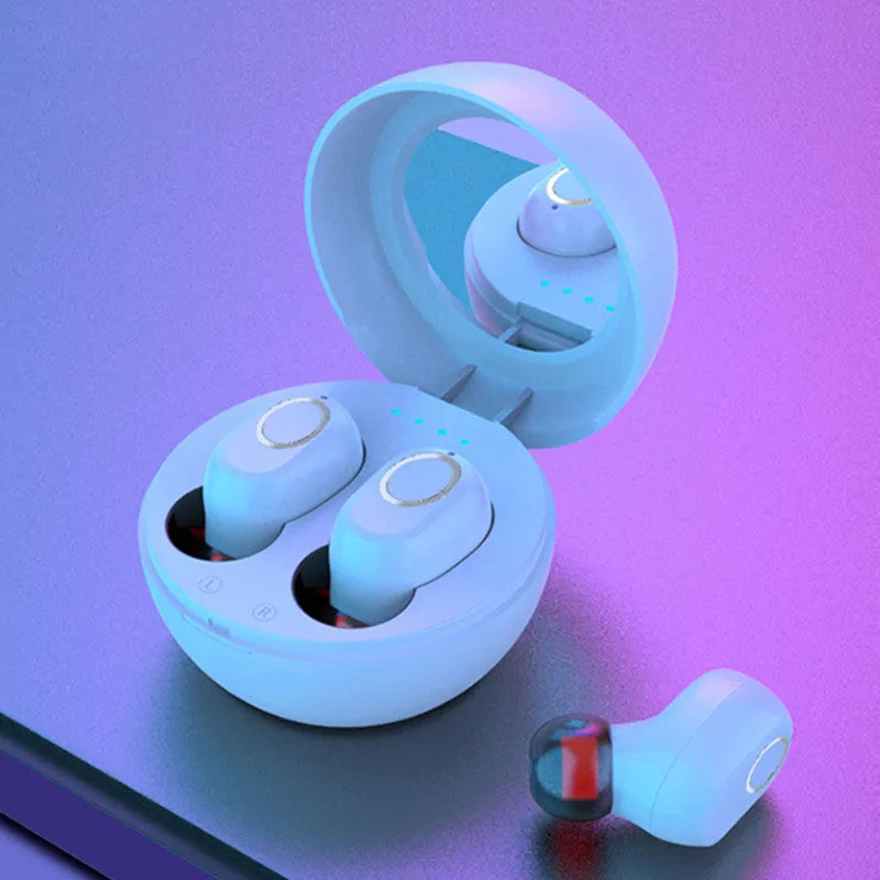 Mirror wireless headset in white or black with Bluetooth V5.0, 8mm speaker, and charging compartment.