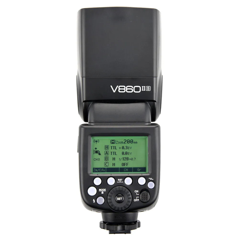 Godox V860II second generation professional flash in black with 20-200mm range and AA battery power