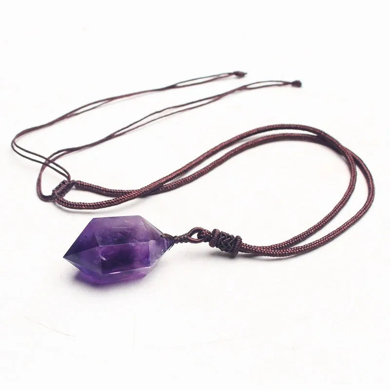 Natural amethyst hexagonal pendant in purple with geometric Korean style, shown as a crystal jewellery piece.