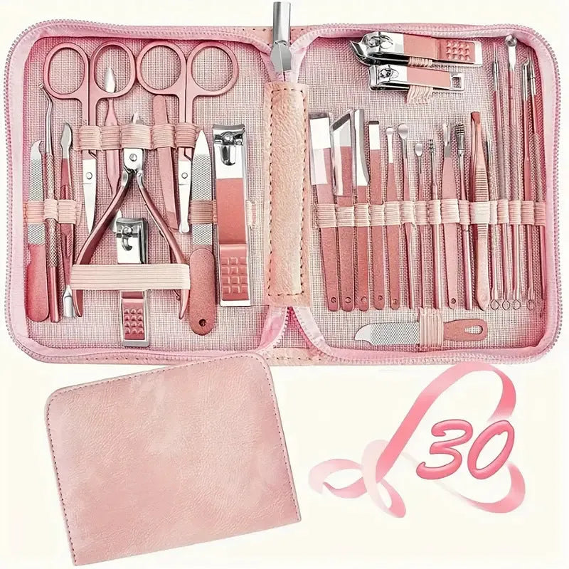 30-piece stainless steel nail beauty tool set showing cuticle pushers, nail clippers, files, buffers and tweezers