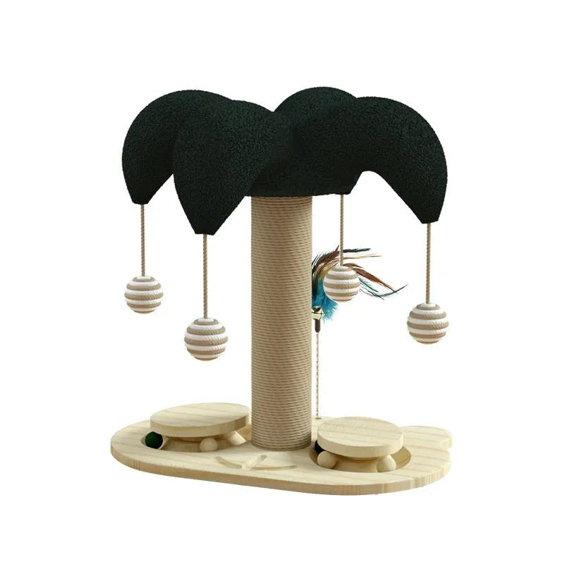 Solid wood cat climbing frame with sisal rope scratching surfaces and turntable teaser in clown hat design