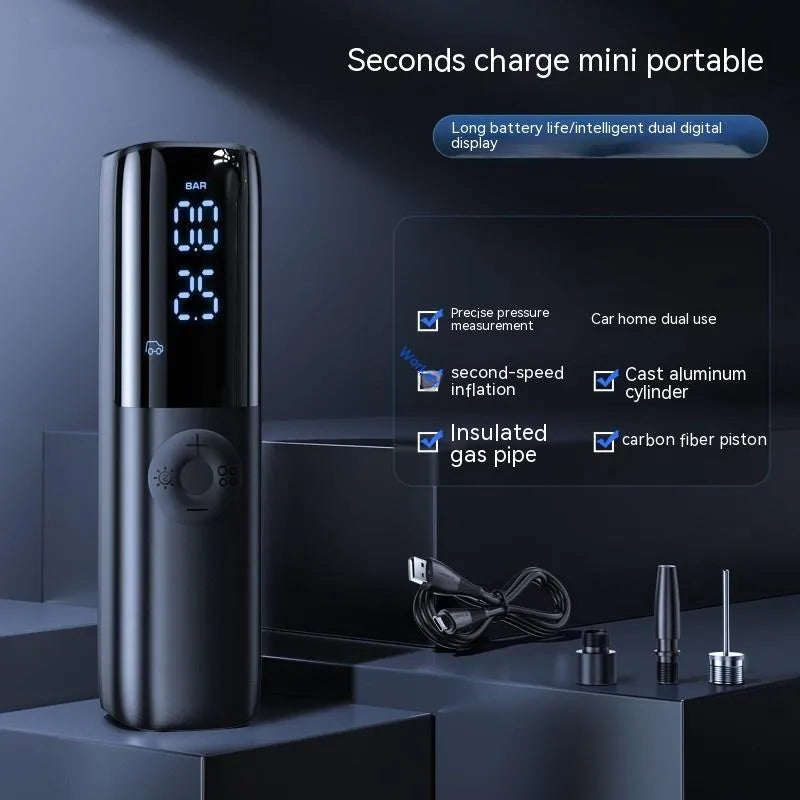 Black portable electric vehicle air pump with built-in tyre pressure gauge