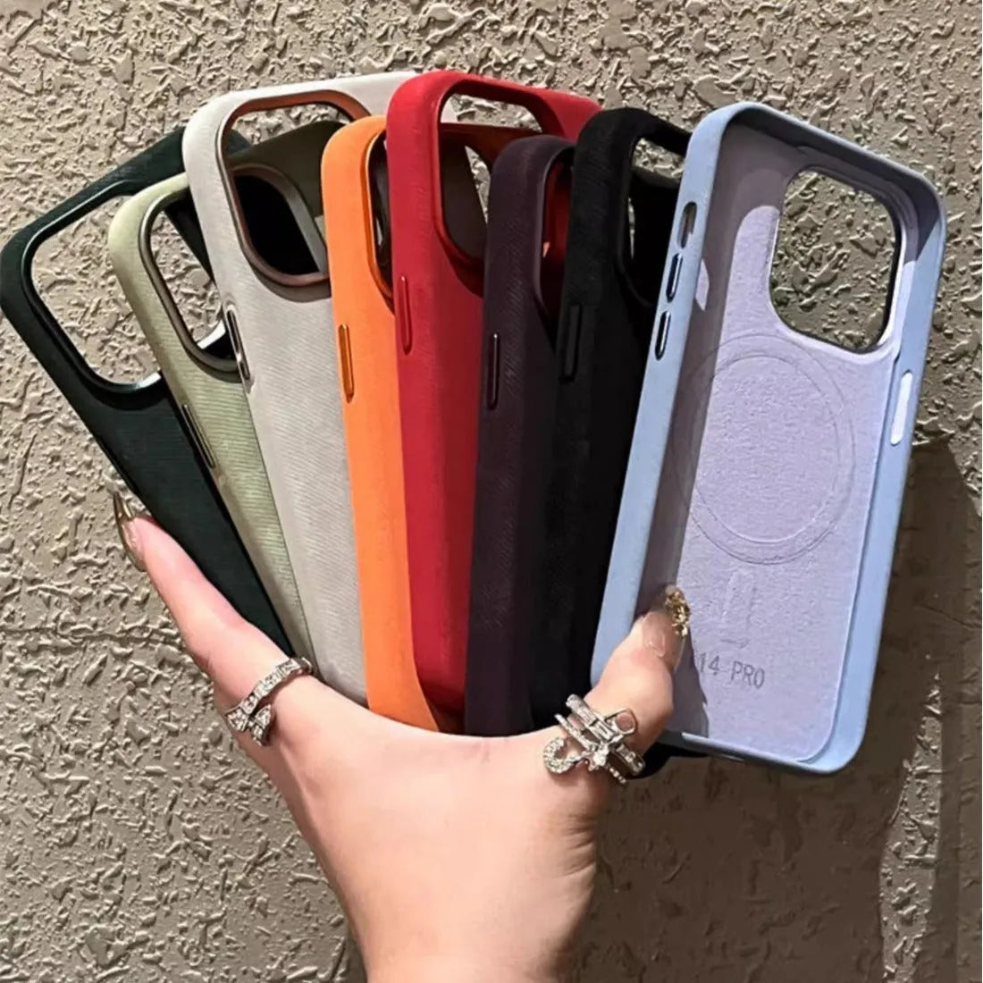 Silver grey magnetic leather iPhone case with velvet material showing magnetic back