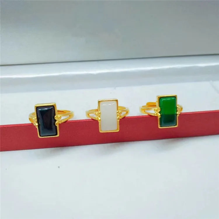 Adjustable brass gold-plated live ring with inlaid gemstone in national style design