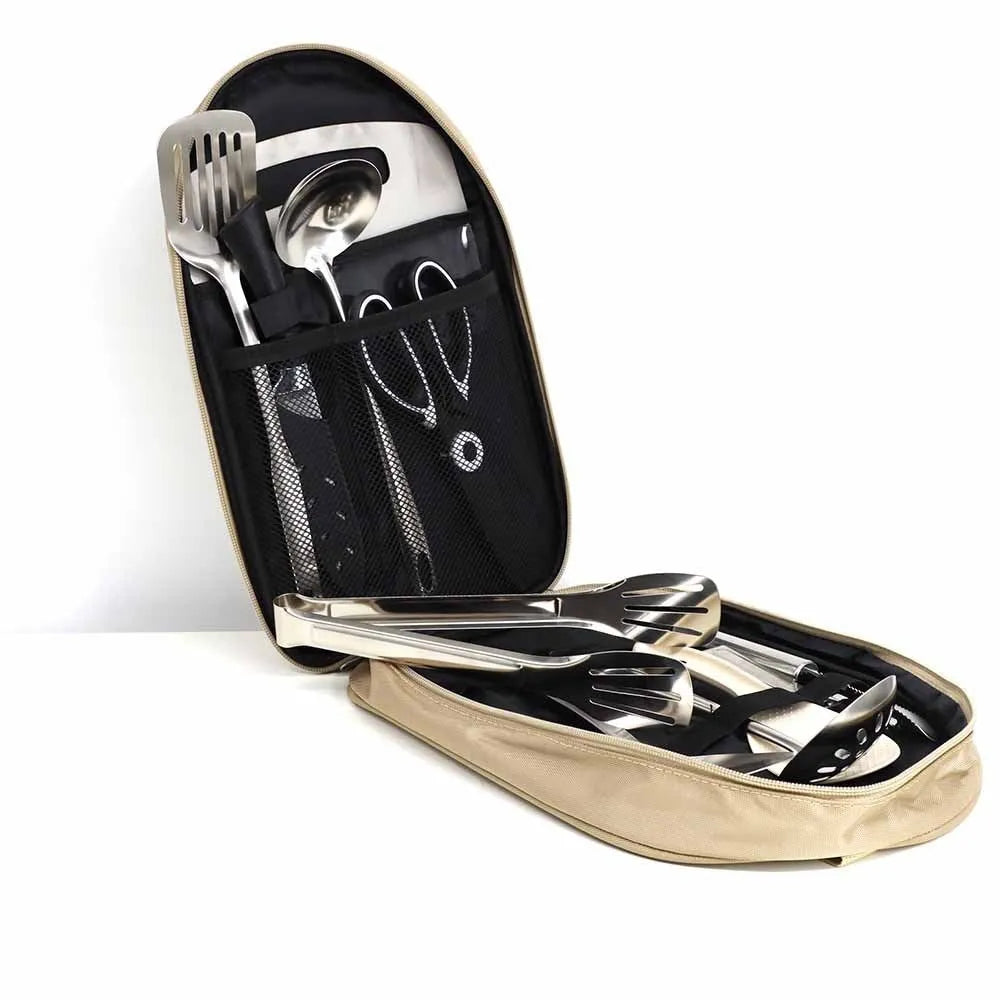 Stainless steel picnic kitchenware set with storage bag in brown colour