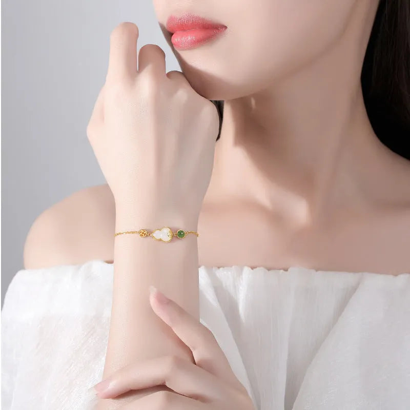 Sterling silver bracelet with natural Hetian jade flower and gourd design Chinese style women's jewellery