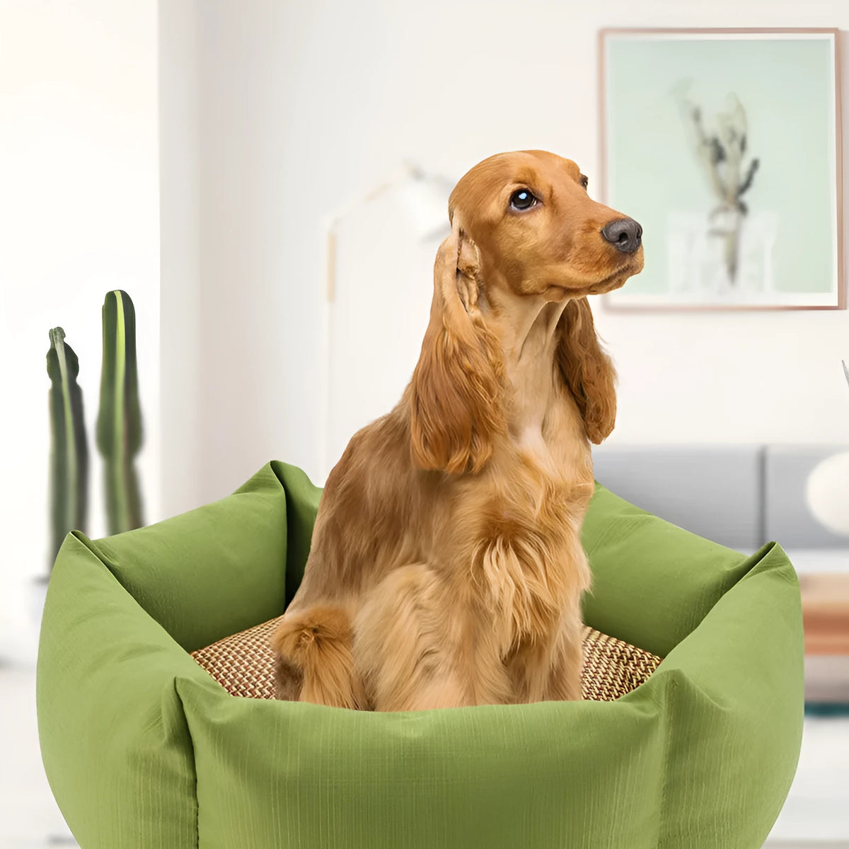 Round cloth pet dog mattress in green or khaki, four sizes from 46 x 19 cm to 85 x 24 cm, with or without mat