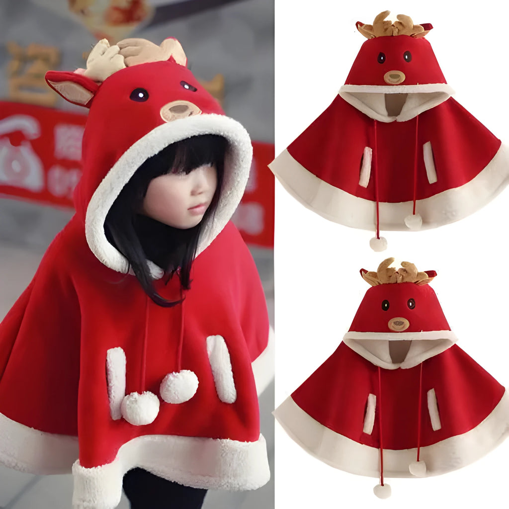 Reindeer poncho Christmas cloak in soft material, suitable for heights 80cm to 160cm