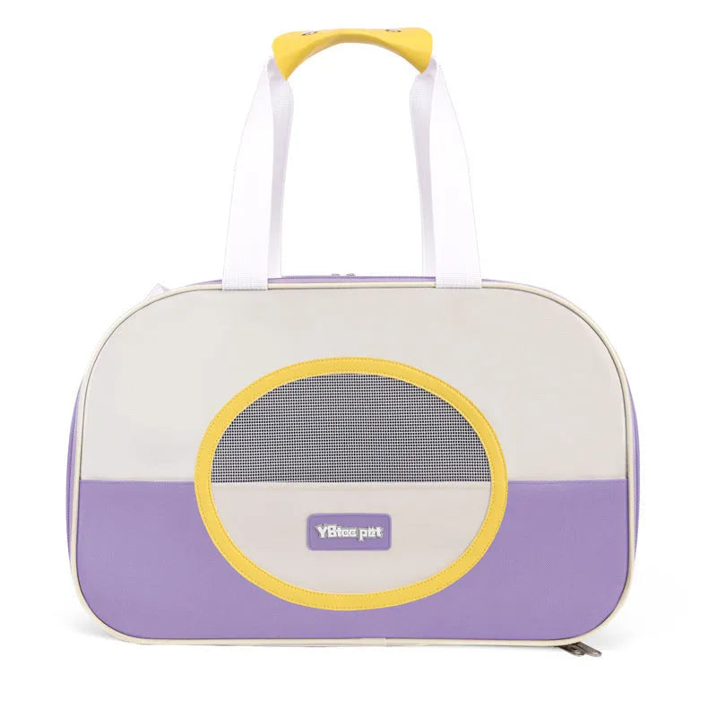 Blue foldable Oxford cloth cat carrier backpack showing large capacity and shoulder straps.