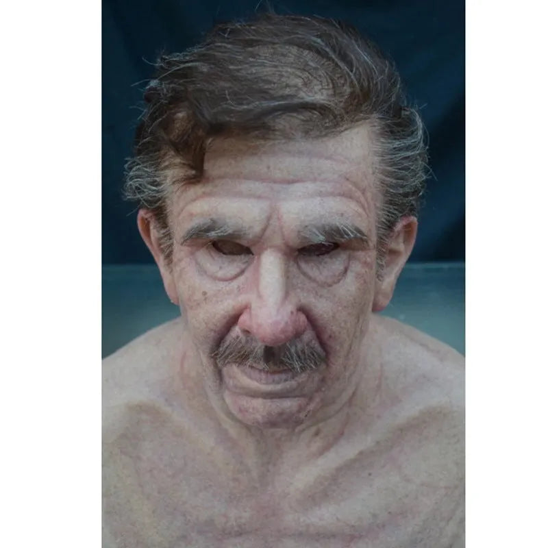 Latex old man mask with white hair and white beard for Halloween fancy dress