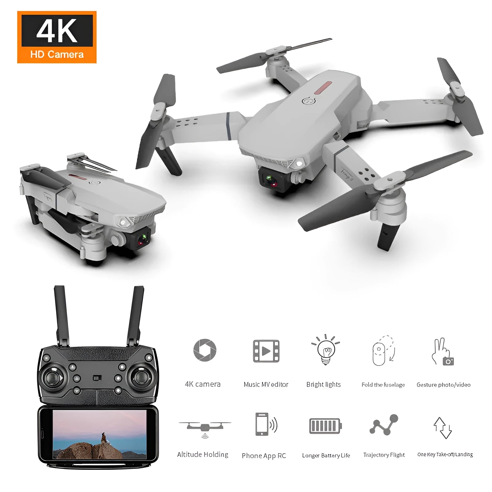 Grey foldable 4K drone with dual camera system and remote control