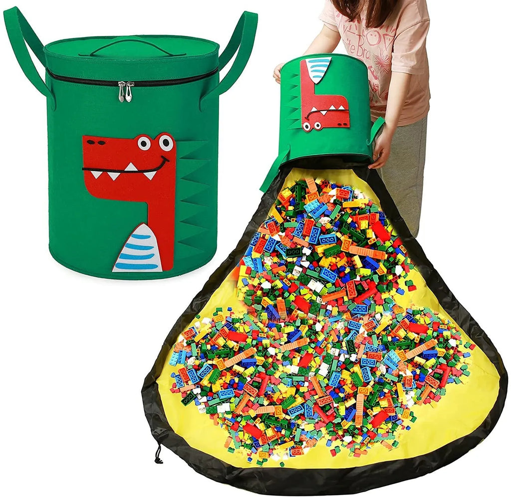 Green felt storage cube with pull rope converts to flat play mat for toy organisation