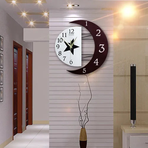 Round wooden MDF art wall clock with 24-hour indication, sweep movement, and Arabian or Roman numerals