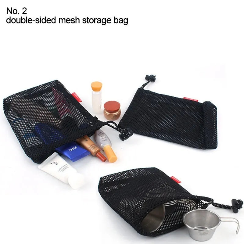 Red five-piece travel storage bag set with mesh panels and zipper closures