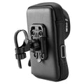 Black bicycle handlebar bag with transparent touch screen phone mount and rotating base mounted on a bike