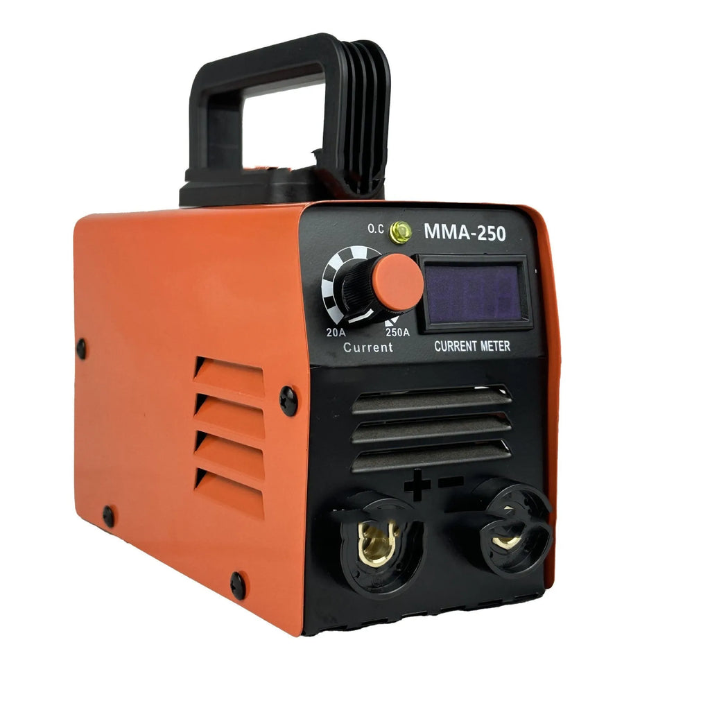 Portable mini MMA-250 DC spot welding machine with 110V US plug, ground wire, mask, and slag hammer on a workbench