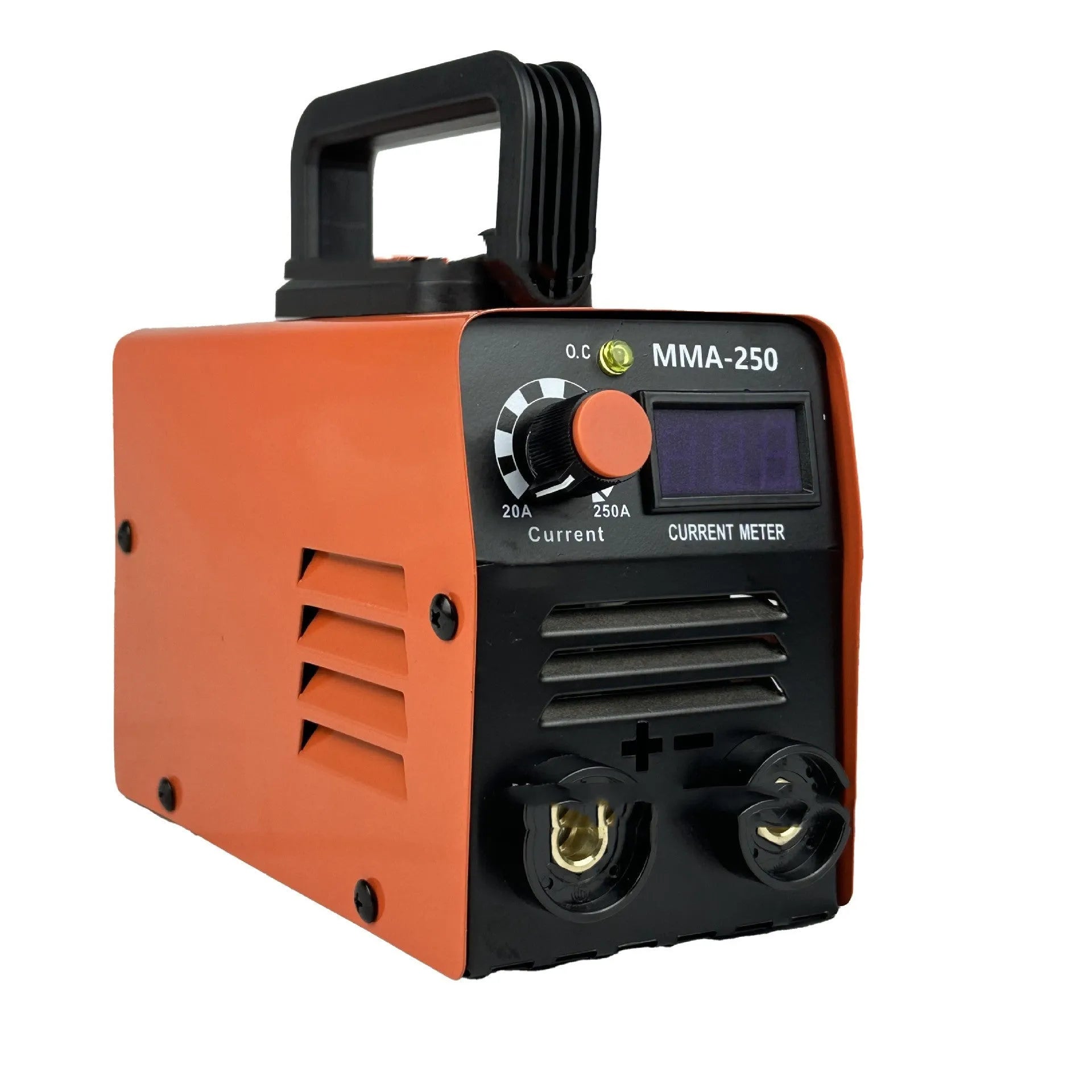 Portable mini MMA-250 DC spot welding machine with 110V US plug, ground wire, mask, and slag hammer on a workbench