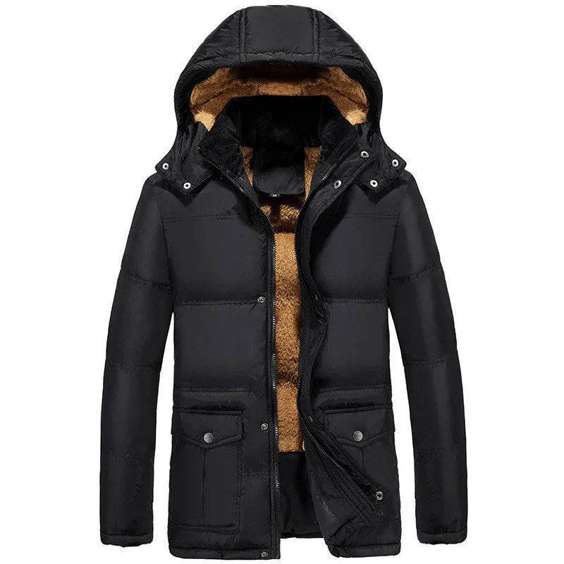 Men's black velvet padded hooded winter jacket with double-breasted placket loose fit