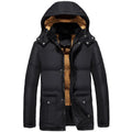 Men's black velvet padded hooded winter jacket with double-breasted placket loose fit