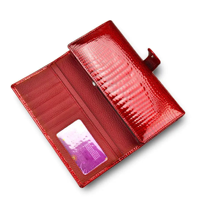 Wine red crocodile-pattern patent leather women's coin purse with pigskin lining