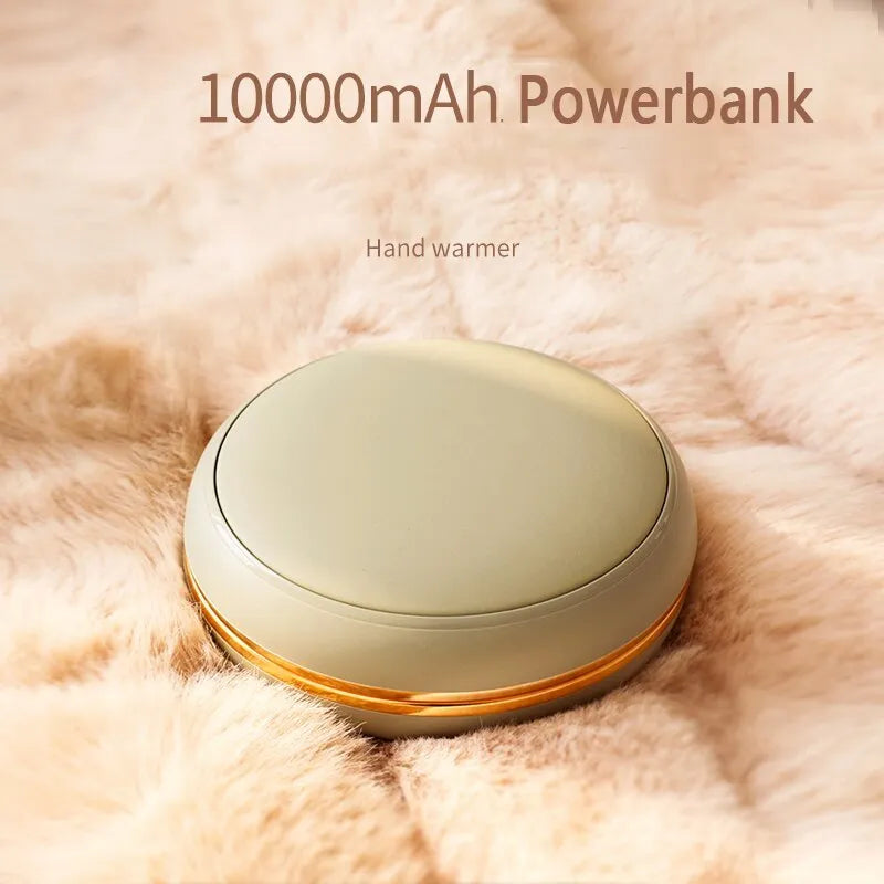 Brown portable USB power bank with hand warmer function showing size alongside data cable and velvet bag.