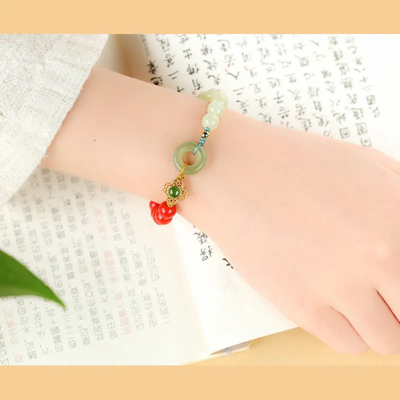 8mm cinnabar and Hetian gray jade flower bracelet in retro ethnic style for women