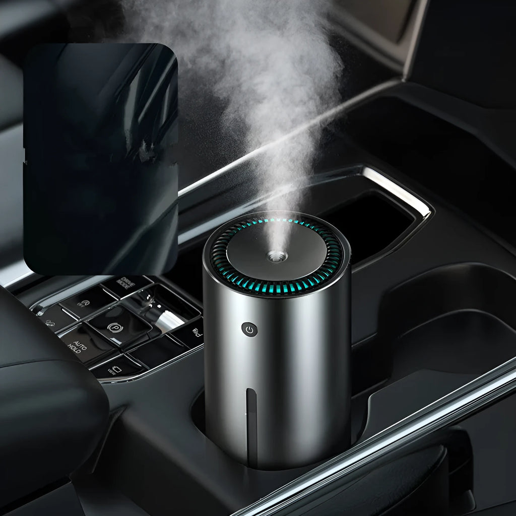 Dark grey aluminum alloy car diffuser humidifier with USB connection for air purification and aromatherapy in vehicles