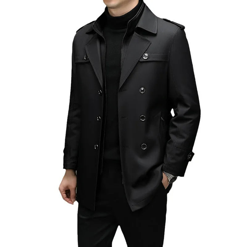 Men's mid-length duster coat with detachable polyester liner and cotton belt, available in black, khaki and navy blue, Asian sizes M-4XL.