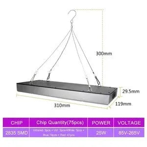25W LED plant supplement light with 75 LEDs, 1000lm, ABS housing, 310x119x29.5mm, silver finish